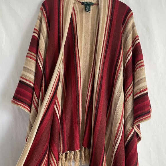 Ralph Lauren Ruana Tassel Blanket Poncho S/M Red Multi Stripe Cotton Linen Cape